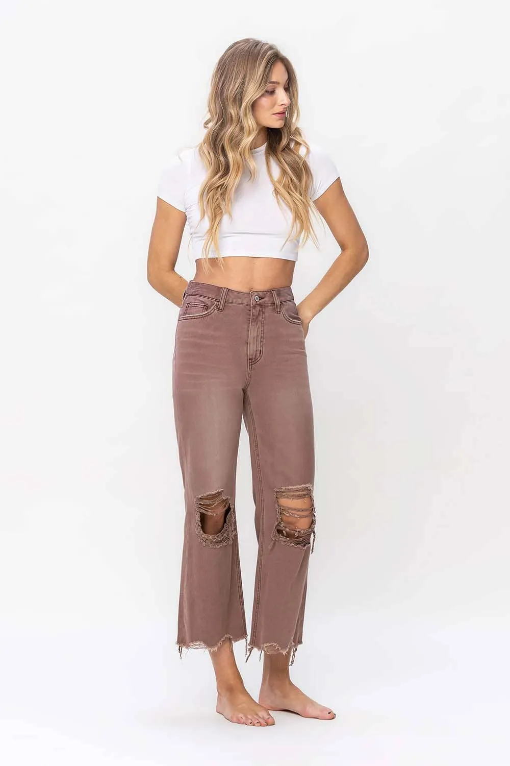 90'S VINTAGE SUPER HIGH RISE CROP FLARE JEANS V2736AZ: AZTEC / 25