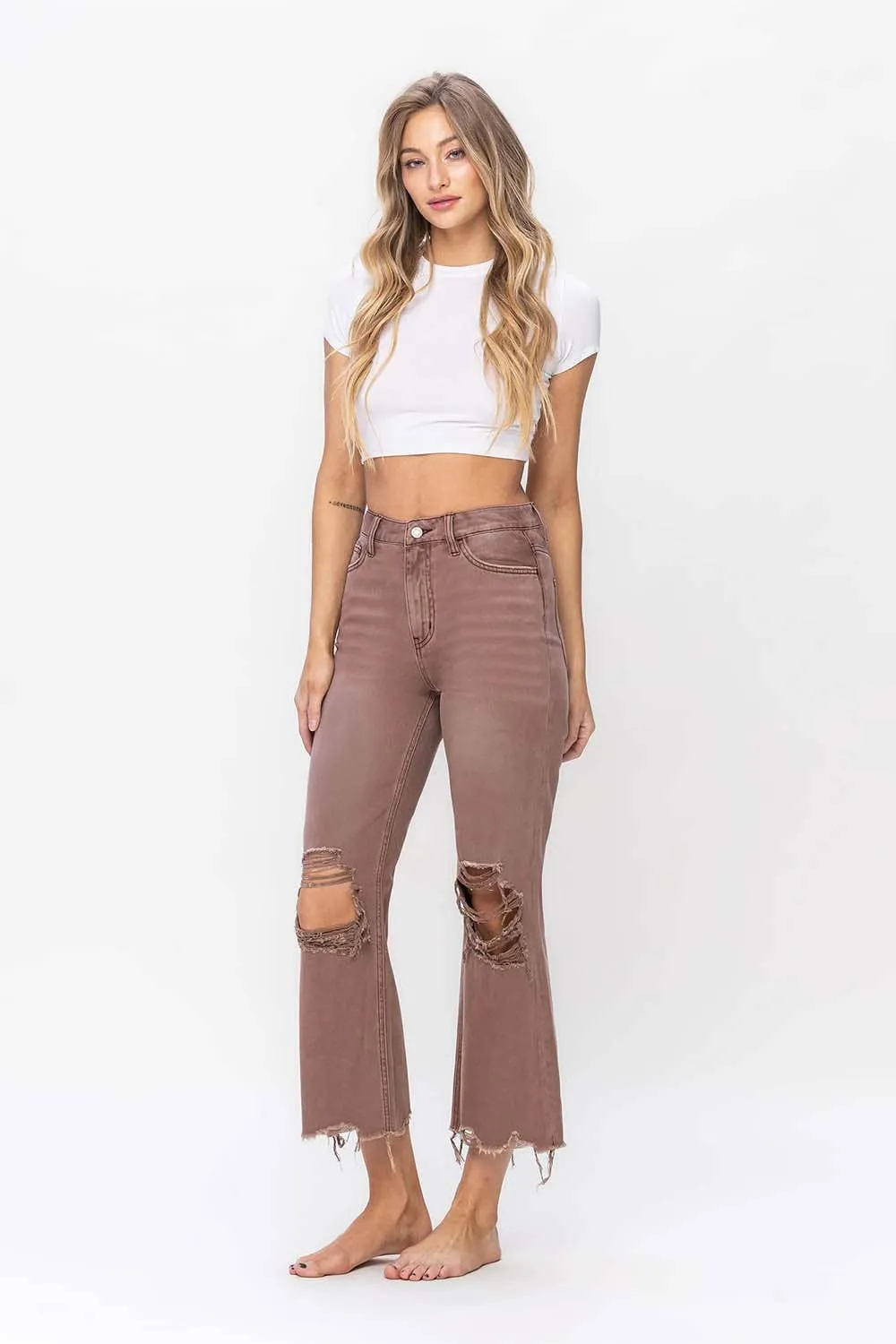 90'S VINTAGE SUPER HIGH RISE CROP FLARE JEANS V2736AZ: AZTEC / 25