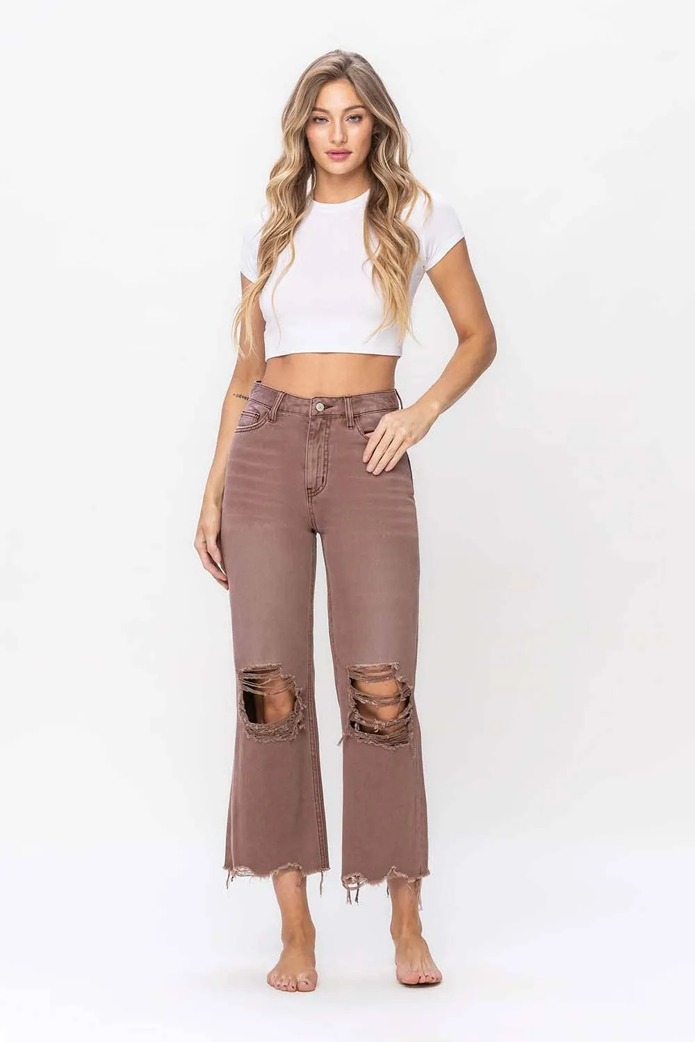 90'S VINTAGE SUPER HIGH RISE CROP FLARE JEANS V2736AZ: AZTEC / 25