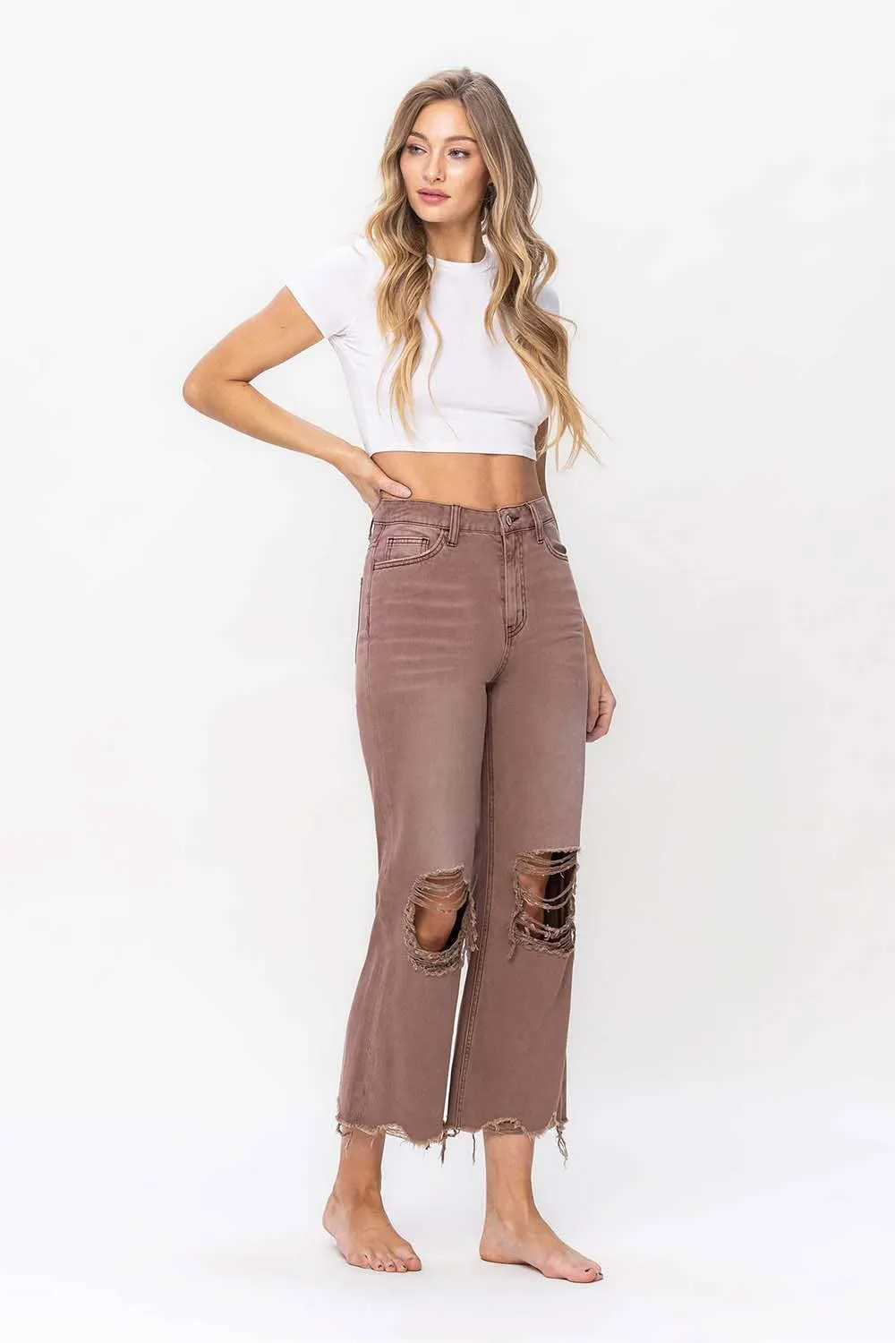 90'S VINTAGE SUPER HIGH RISE CROP FLARE JEANS V2736AZ: AZTEC / 25