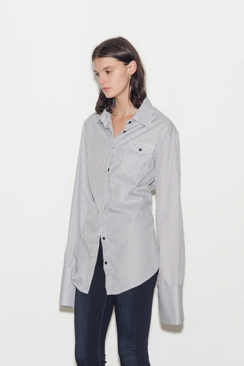 Accent Cotton Twill Stripe Shirt with Detachable Cuffs