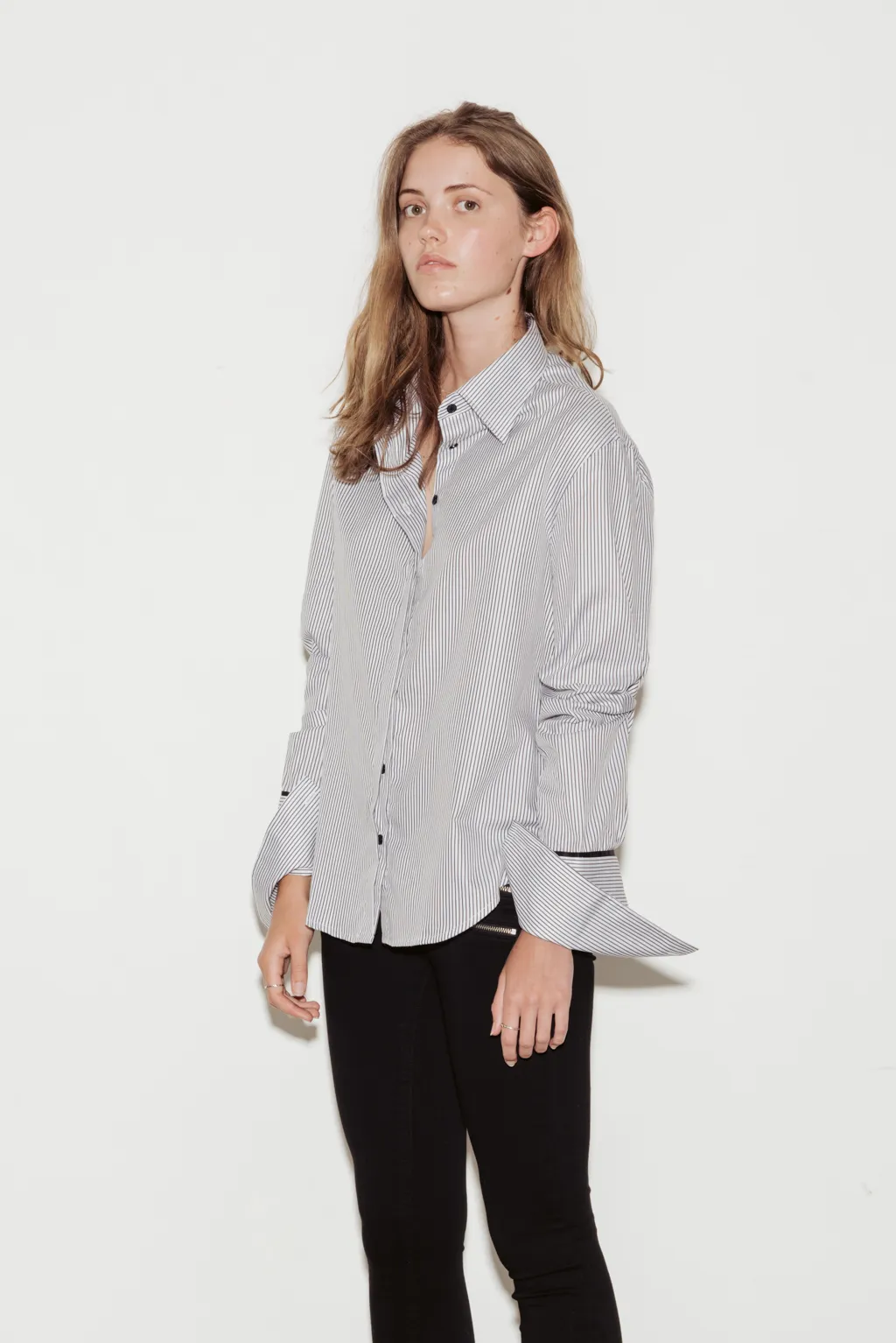 Anne Cotton Twill Stripe Shirt with Black Silk Trim