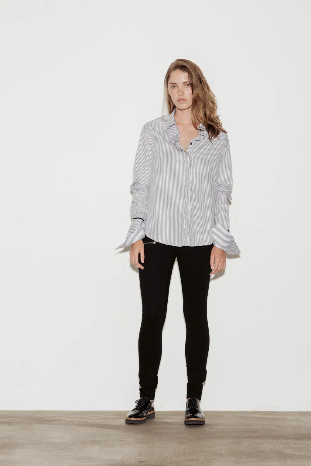 Anne Cotton Twill Stripe Shirt with Black Silk Trim