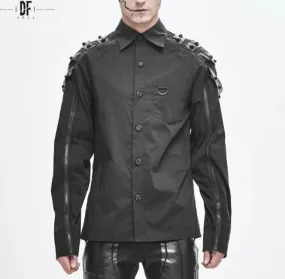 Black Cyberpunk Style Long Sleeved Raglan Button Up Shirt w/ Studs and Zipper Details