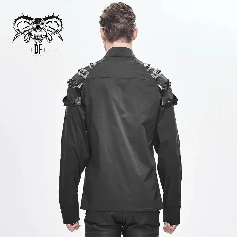 Black Cyberpunk Style Long Sleeved Raglan Button Up Shirt w/ Studs and Zipper Details
