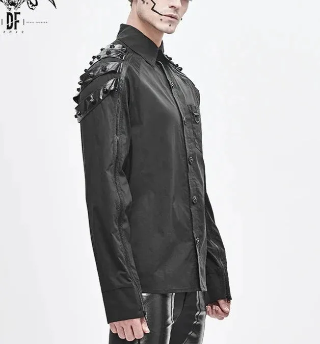Black Cyberpunk Style Long Sleeved Raglan Button Up Shirt w/ Studs and Zipper Details