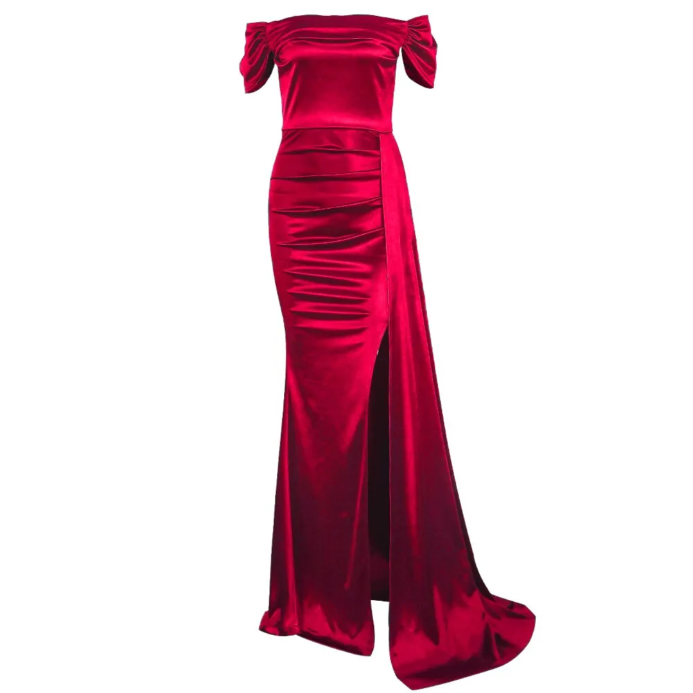 Burgundy Prom Gown Satin Stretch Dress