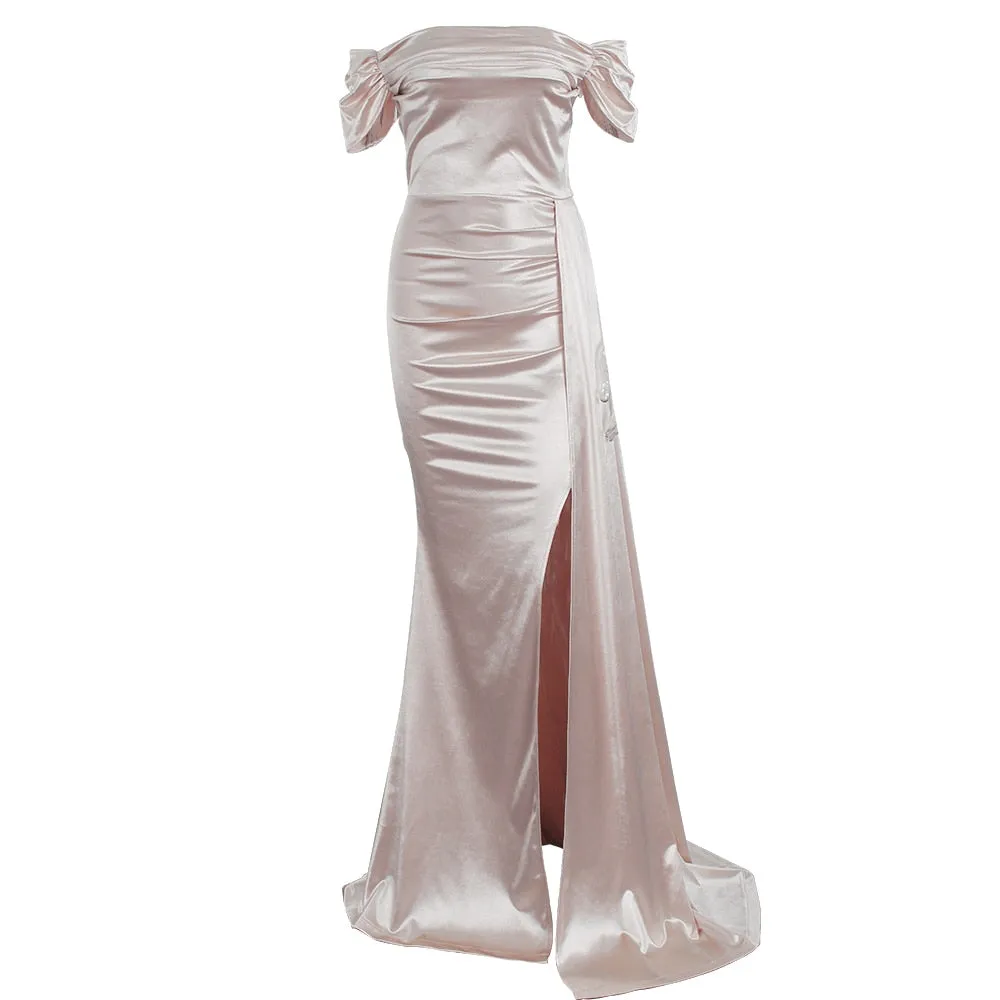 Burgundy Prom Gown Satin Stretch Dress