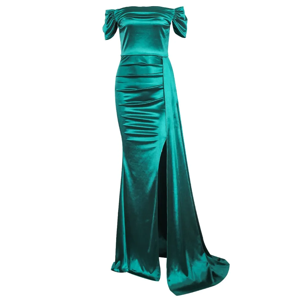 Burgundy Prom Gown Satin Stretch Dress