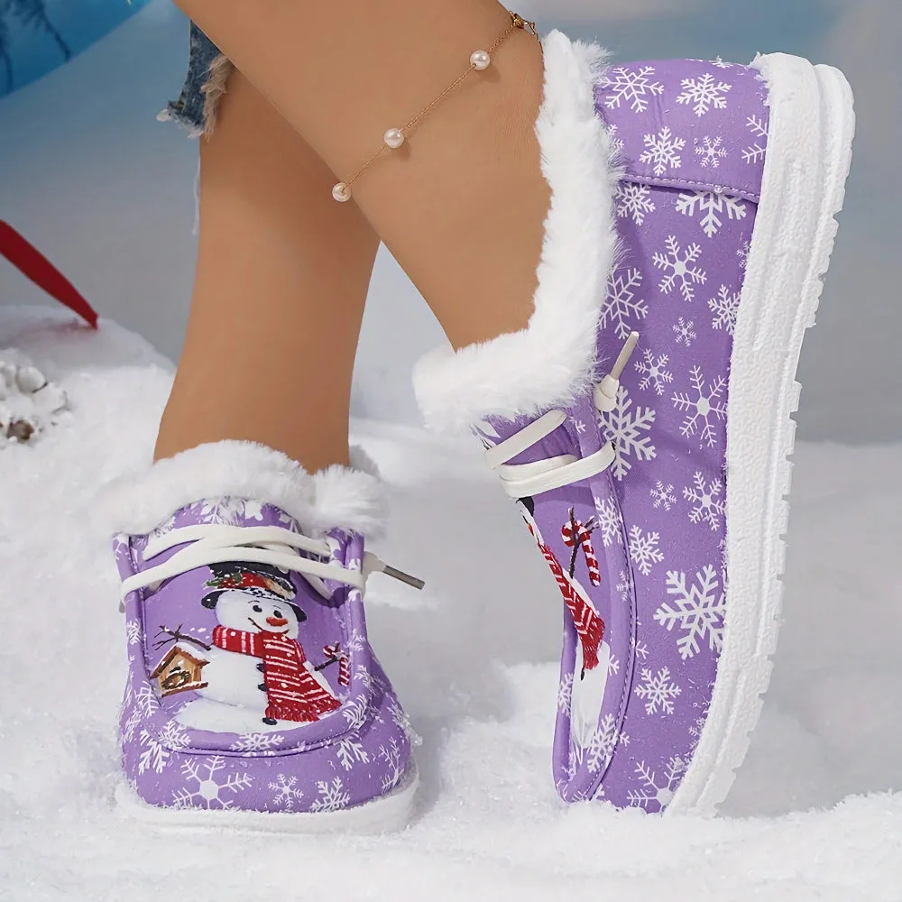 Christmas Snowflake & Snowman Pattern Thermal Lined Fluffy Canvas Shoes