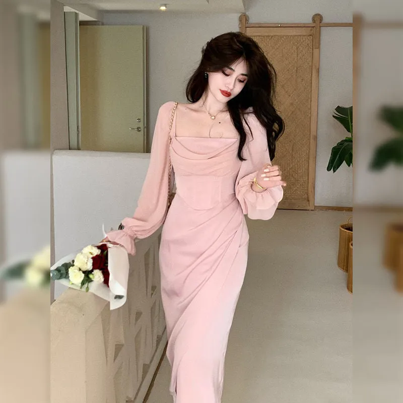 Hulianfu Autumn Solid Elegant Fairy Dresses Women Casual Party Fashion Korean One Piece Dress Female Lace Vintage Chic Midi Dresses