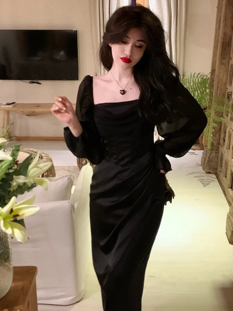 Hulianfu Autumn Solid Elegant Fairy Dresses Women Casual Party Fashion Korean One Piece Dress Female Lace Vintage Chic Midi Dresses