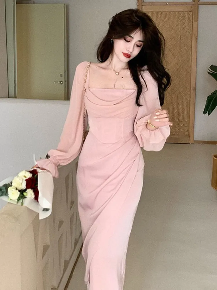Hulianfu Autumn Solid Elegant Fairy Dresses Women Casual Party Fashion Korean One Piece Dress Female Lace Vintage Chic Midi Dresses