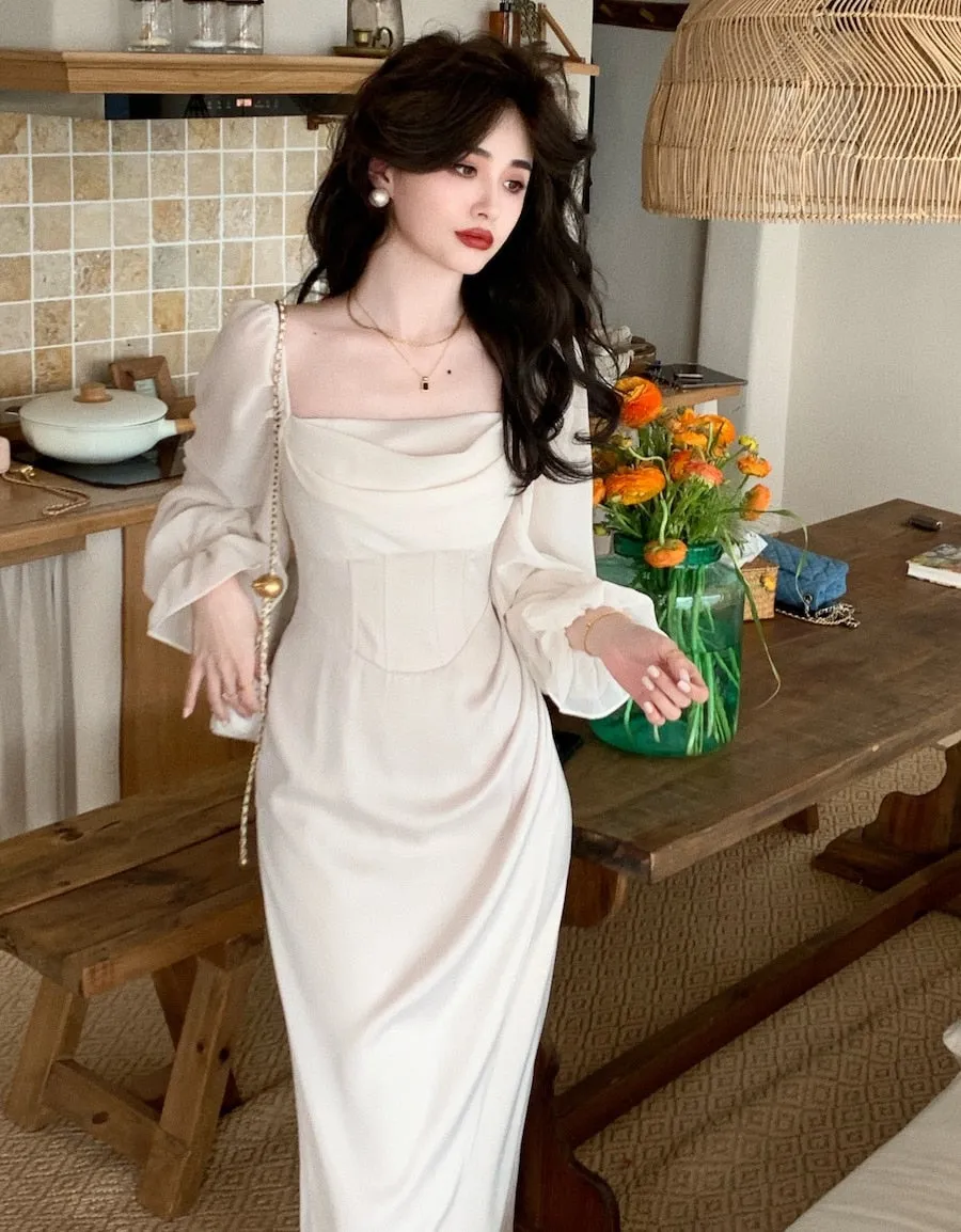 Hulianfu Autumn Solid Elegant Fairy Dresses Women Casual Party Fashion Korean One Piece Dress Female Lace Vintage Chic Midi Dresses