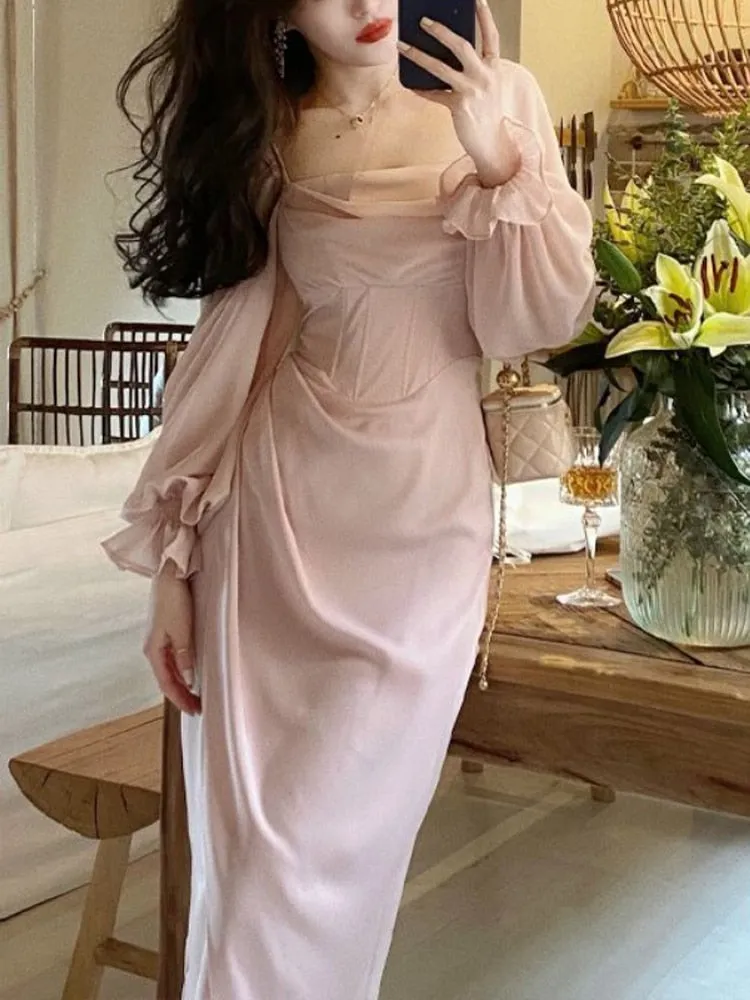 Hulianfu Autumn Solid Elegant Fairy Dresses Women Casual Party Fashion Korean One Piece Dress Female Lace Vintage Chic Midi Dresses