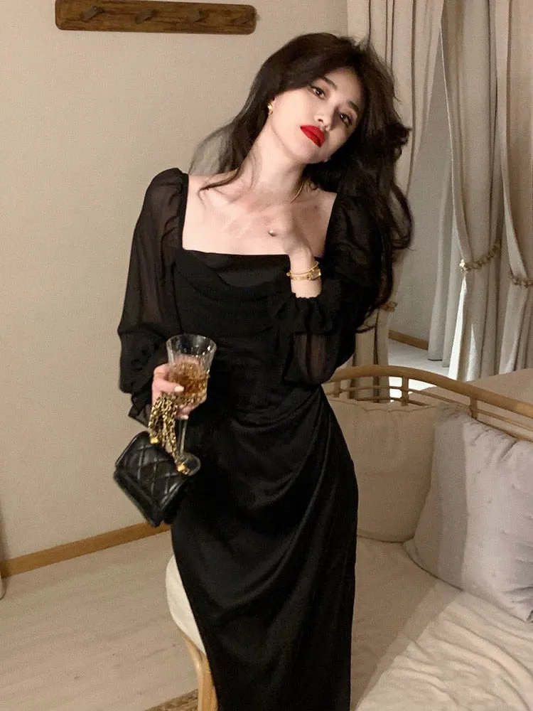 Hulianfu Autumn Solid Elegant Fairy Dresses Women Casual Party Fashion Korean One Piece Dress Female Lace Vintage Chic Midi Dresses