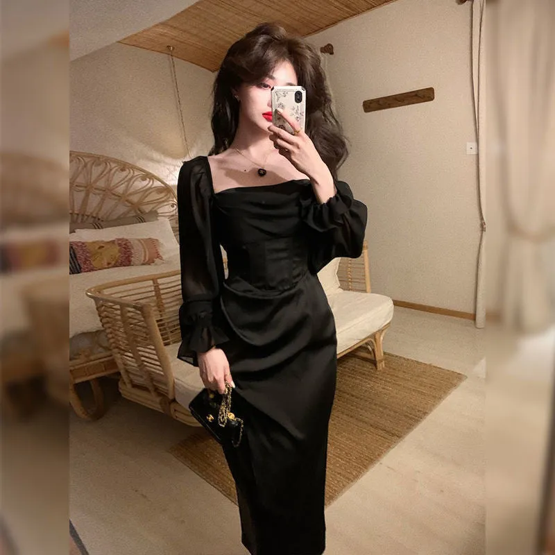 Hulianfu Autumn Solid Elegant Fairy Dresses Women Casual Party Fashion Korean One Piece Dress Female Lace Vintage Chic Midi Dresses