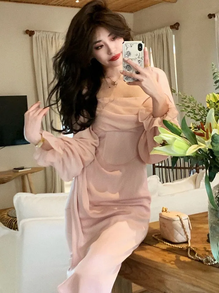 Hulianfu Autumn Solid Elegant Fairy Dresses Women Casual Party Fashion Korean One Piece Dress Female Lace Vintage Chic Midi Dresses