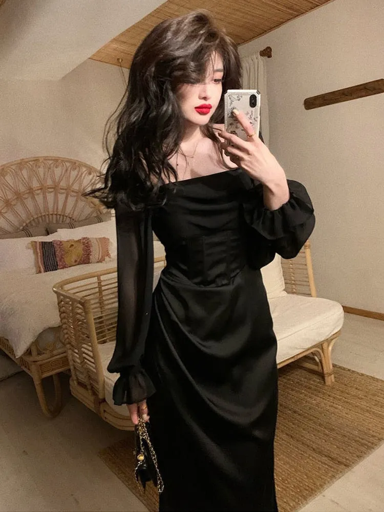 Hulianfu Autumn Solid Elegant Fairy Dresses Women Casual Party Fashion Korean One Piece Dress Female Lace Vintage Chic Midi Dresses