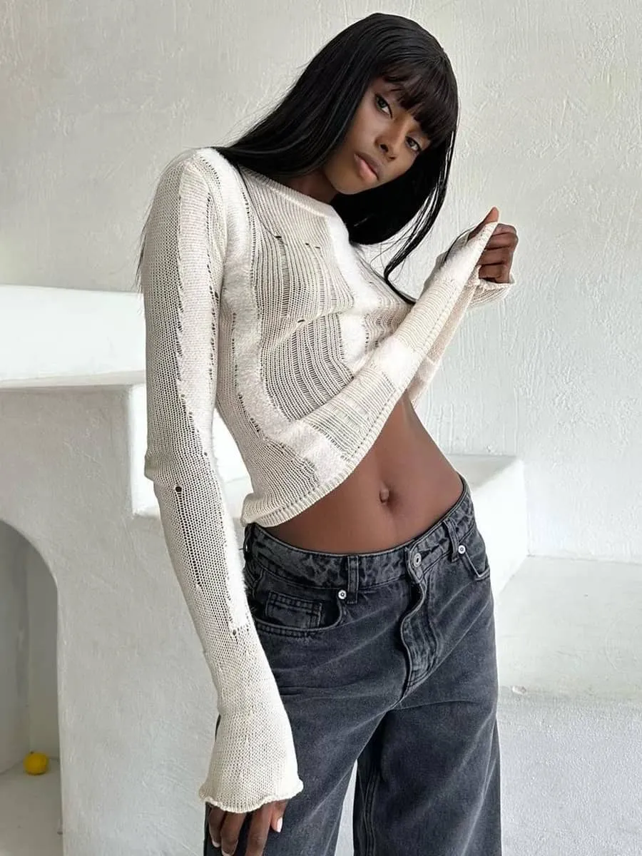 Long-sleeved Sweater with Distressed Detailing for a Slim Fit
