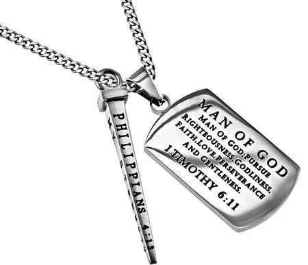 Men's Crown Of Thorns Dog Tag With Nail Man Of God - 1 Tim. 6:11