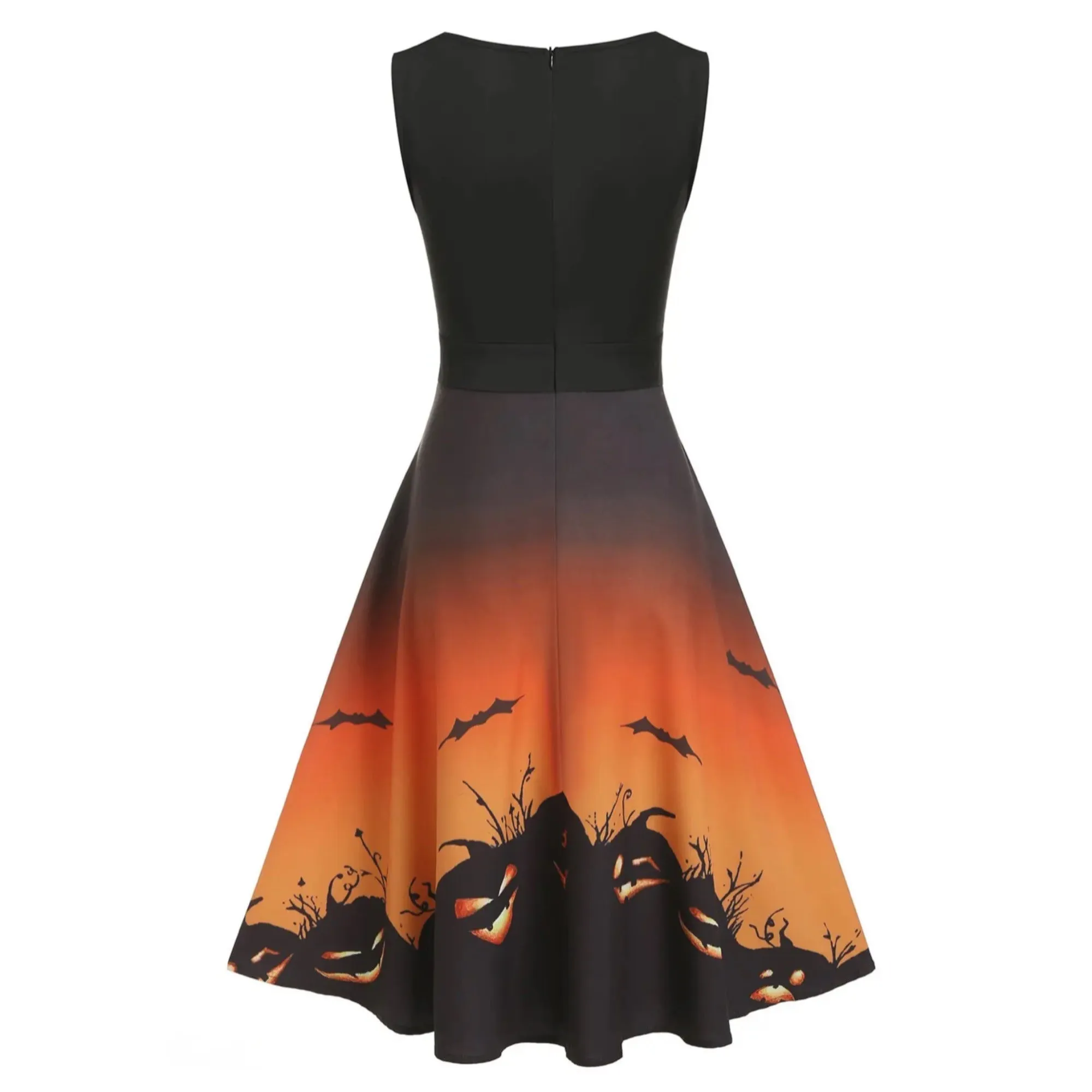 Pumpkin Print High Waist Sleeveless Back Zip Mid Calf Dress