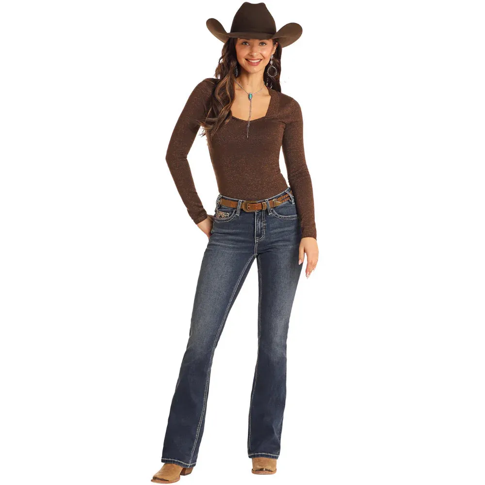 Rock & Roll Womens Mid Rise Extra Stretch Steer Head Embroidered Bootcut Jean
