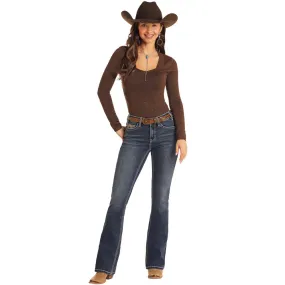 Rock & Roll Womens Mid Rise Extra Stretch Steer Head Embroidered Bootcut Jean
