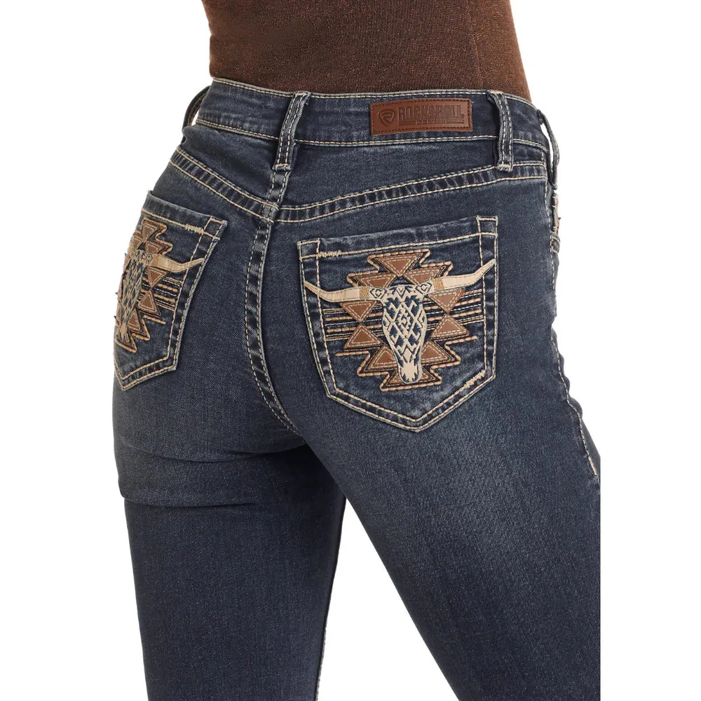 Rock & Roll Womens Mid Rise Extra Stretch Steer Head Embroidered Bootcut Jean