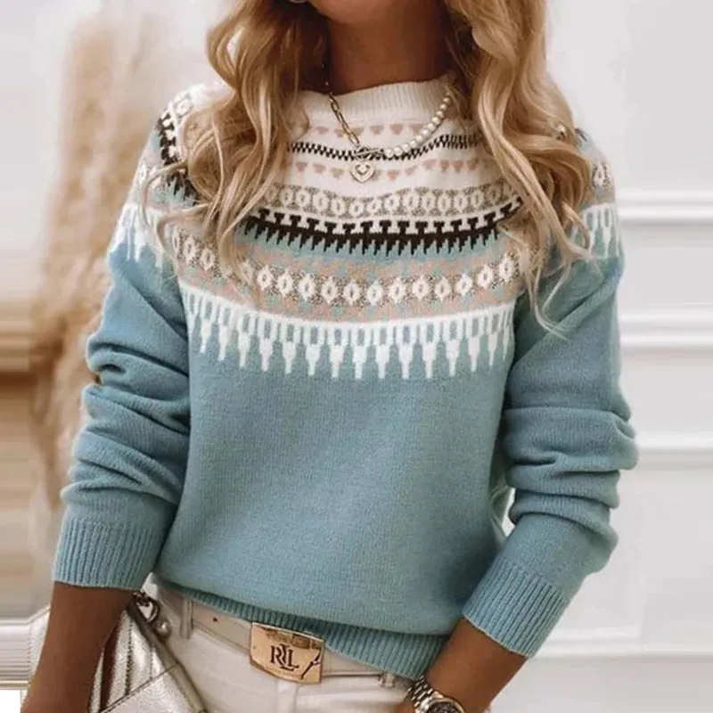 UAKISS  -  Ladies Fashion O-neck Long Sleeved Knitted Pullover Casual Pattern Printed Patchwork Loose Sweater New Vintage Commuting Sweater