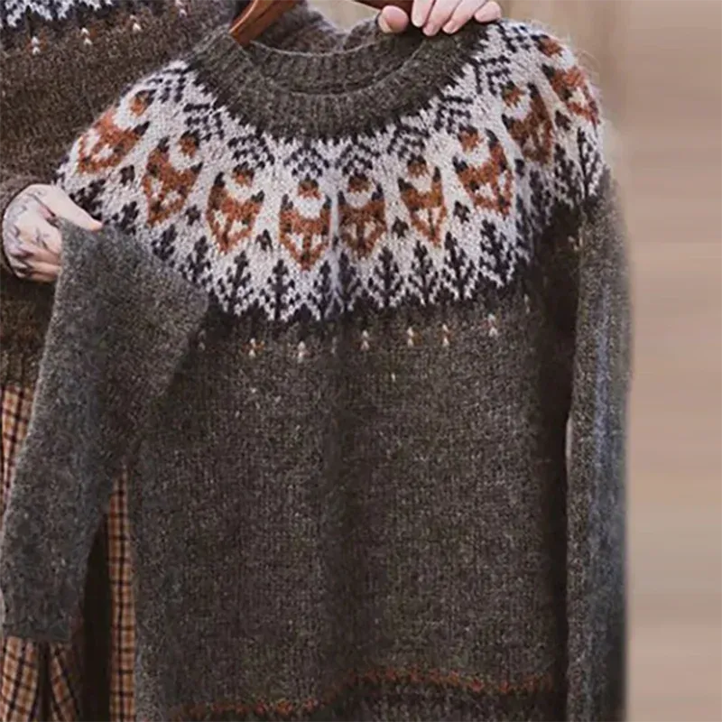 UAKISS  -  Ladies Fashion O-neck Long Sleeved Knitted Pullover Casual Pattern Printed Patchwork Loose Sweater New Vintage Commuting Sweater