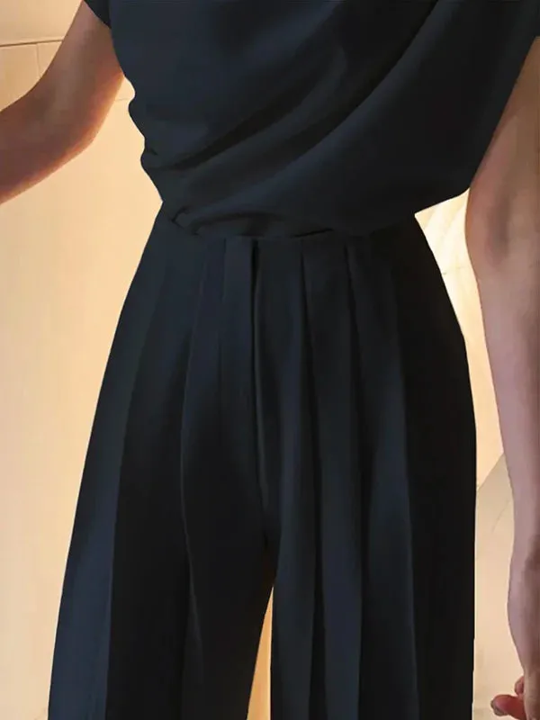 Urban Solid Color Pleats High Waisted Wide Leg Pants  104383