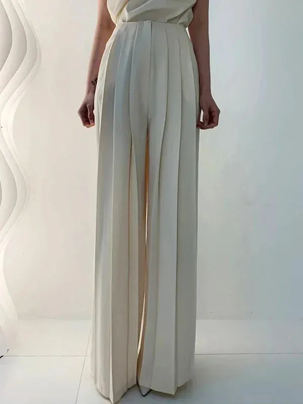 Urban Solid Color Pleats High Waisted Wide Leg Pants  104383