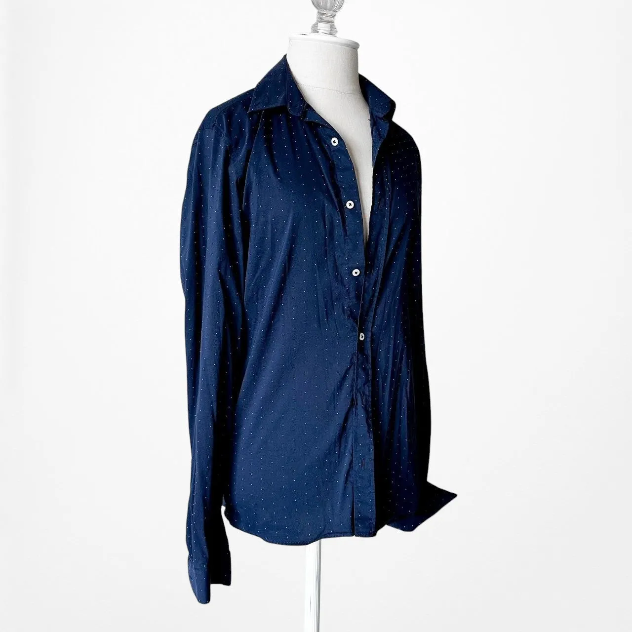 Zara Navy Blue Polka Dot Button Down Shirt Size XS/S/M