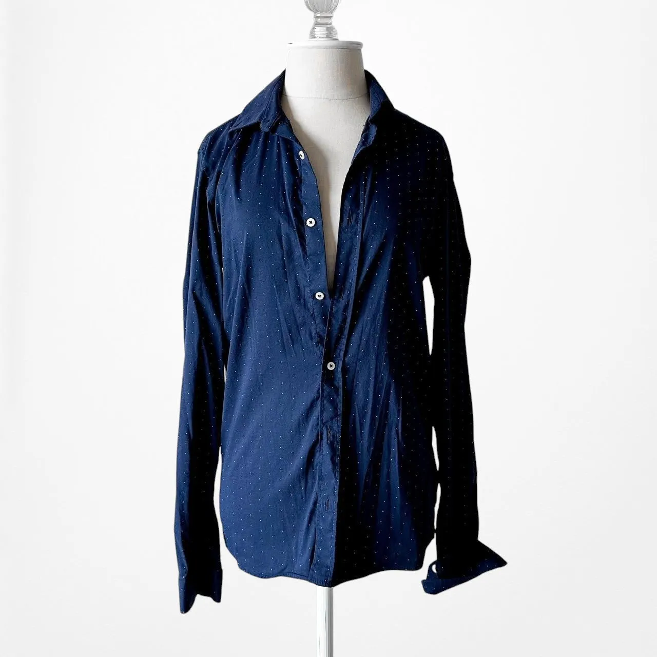 Zara Navy Blue Polka Dot Button Down Shirt Size XS/S/M